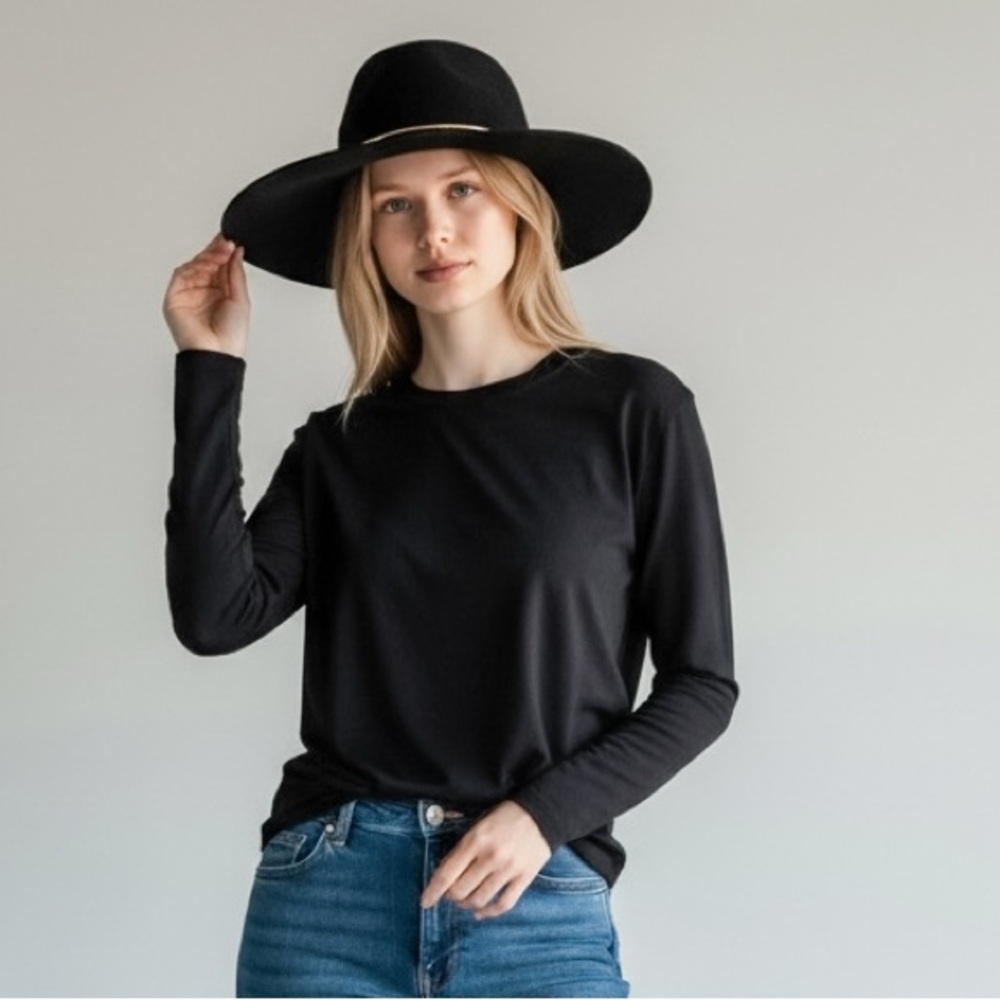 Nine West Black Wide-Brim 100% Wool Floppy Hat with Gold Accent